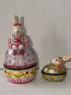 2- Villeroy & Boch Bunny Trinket Box Porcelain Hinged Easter Rabbit Lidded Box